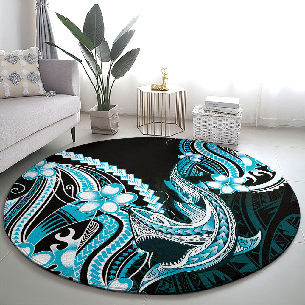 Blue Black Aloha Hawaii Round Carpet Polynesian Shark Tattoo Plumeria