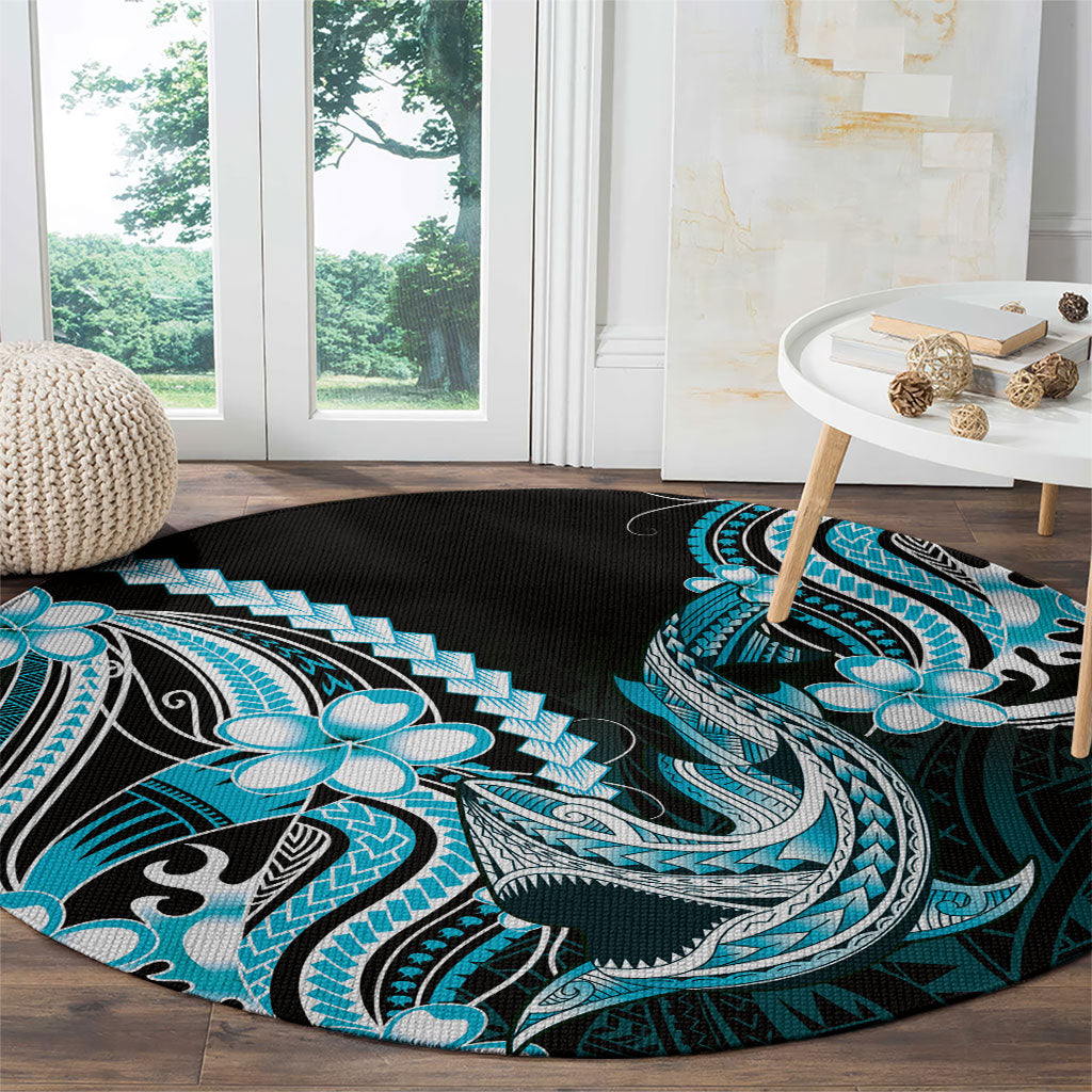 Blue Black Aloha Hawaii Round Carpet Polynesian Shark Tattoo Plumeria