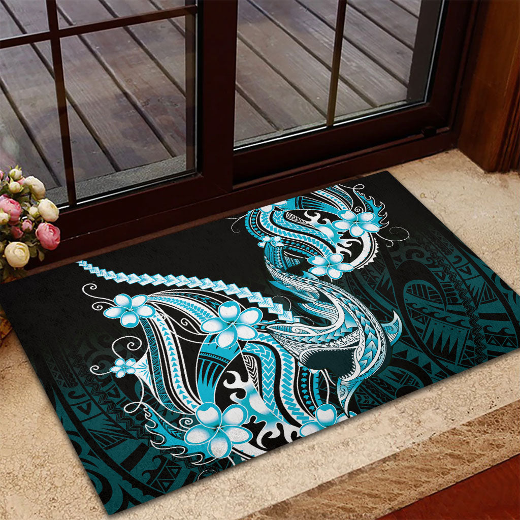 Blue Black Aloha Hawaii Rubber Doormat Polynesian Shark Tattoo Plumeria