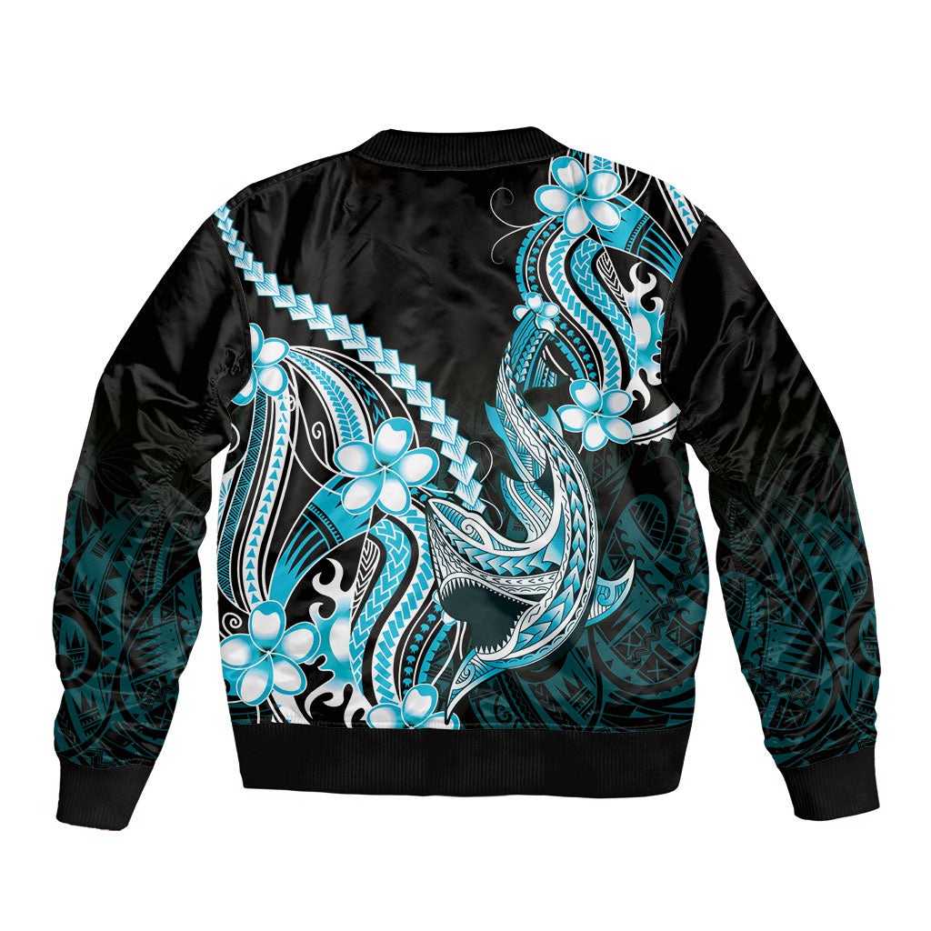 Blue Black Aloha Hawaii Sleeve Zip Bomber Jacket Polynesian Shark Tattoo Plumeria