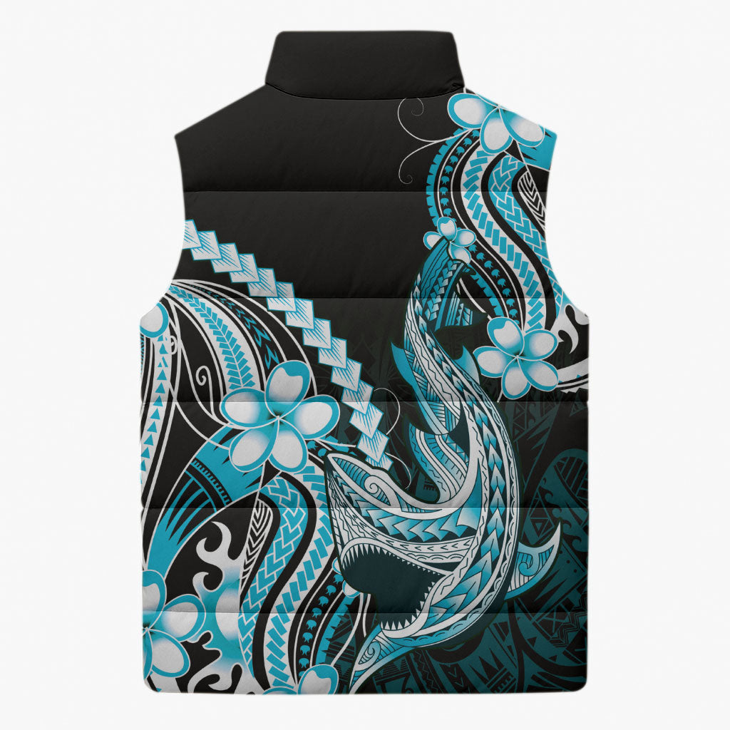 Blue Black Aloha Hawaii Sleeveless Puffer Jacket Polynesian Shark Tattoo Plumeria
