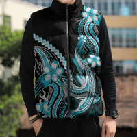 Blue Black Aloha Hawaii Sleeveless Puffer Jacket Polynesian Shark Tattoo Plumeria