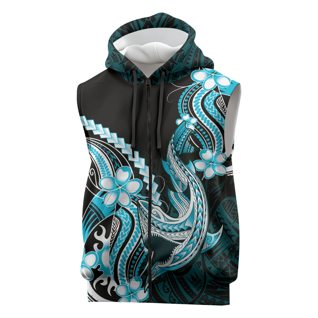 Blue Black Aloha Hawaii Sleeveless Zip Hoodie Polynesian Shark Tattoo Plumeria