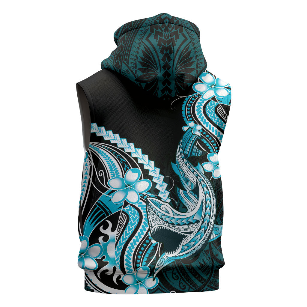 Blue Black Aloha Hawaii Sleeveless Zip Hoodie Polynesian Shark Tattoo Plumeria