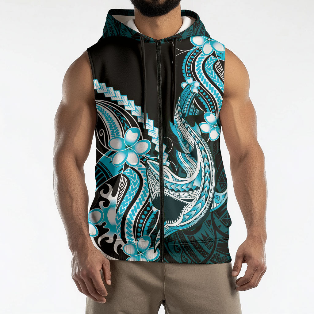 Blue Black Aloha Hawaii Sleeveless Zip Hoodie Polynesian Shark Tattoo Plumeria