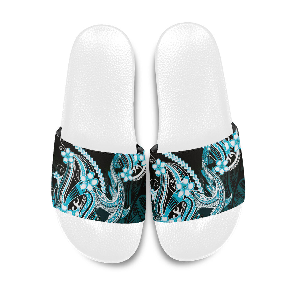 Blue Black Aloha Hawaii Slide Sandals Polynesian Shark Tattoo Plumeria