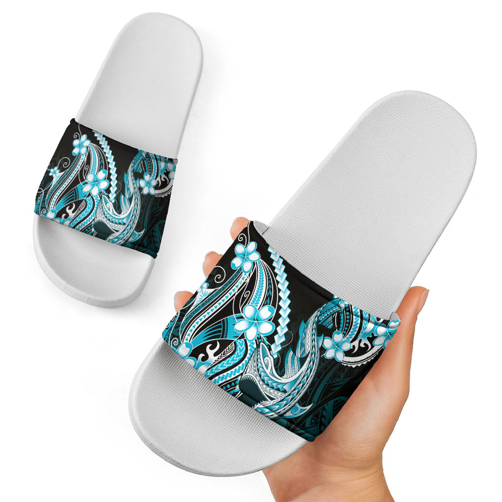 Blue Black Aloha Hawaii Slide Sandals Polynesian Shark Tattoo Plumeria