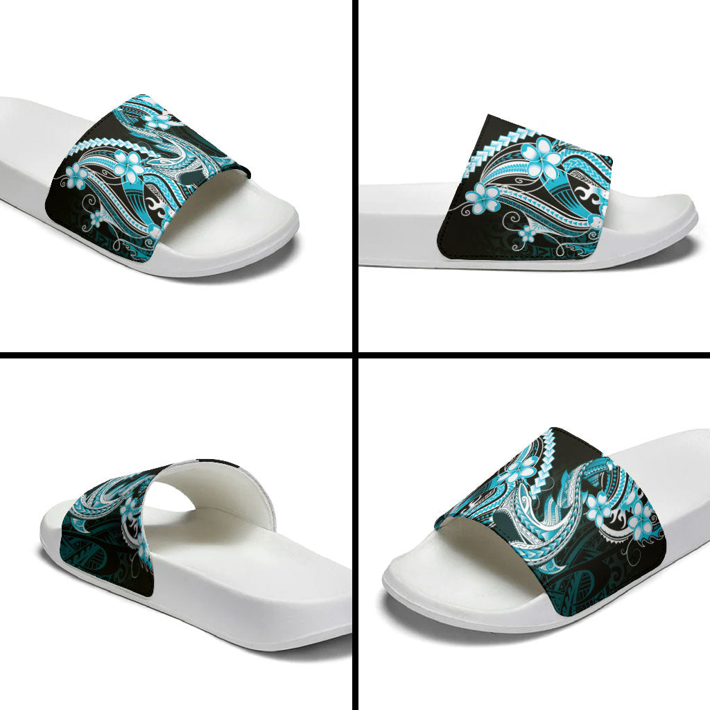 Blue Black Aloha Hawaii Slide Sandals Polynesian Shark Tattoo Plumeria