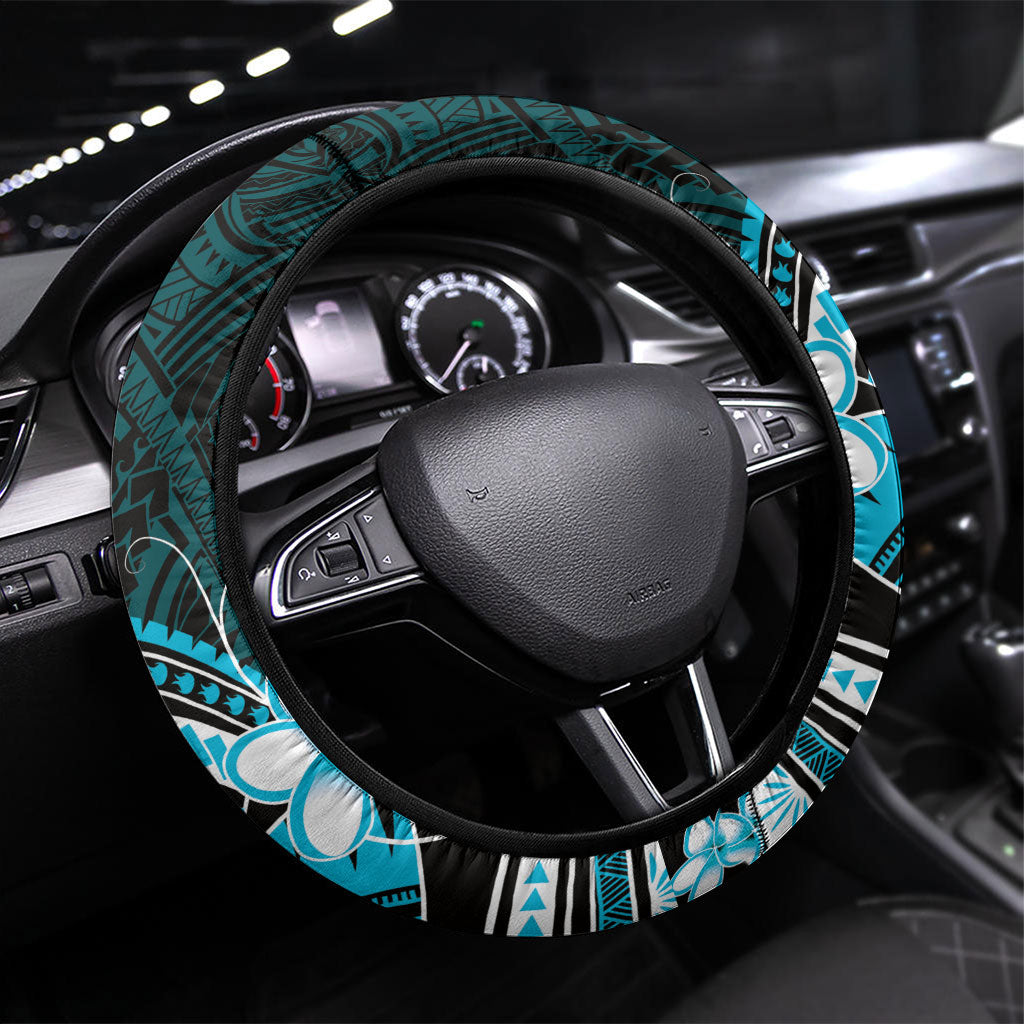 Blue Black Aloha Hawaii Steering Wheel Cover Polynesian Shark Tattoo Plumeria