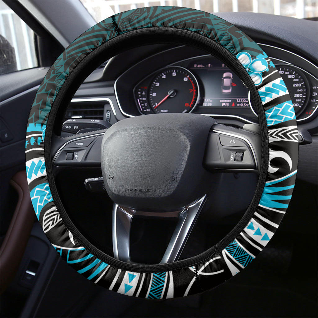 Blue Black Aloha Hawaii Steering Wheel Cover Polynesian Shark Tattoo Plumeria