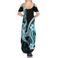 Blue Black Aloha Hawaii Summer Maxi Dress Polynesian Shark Tattoo Plumeria