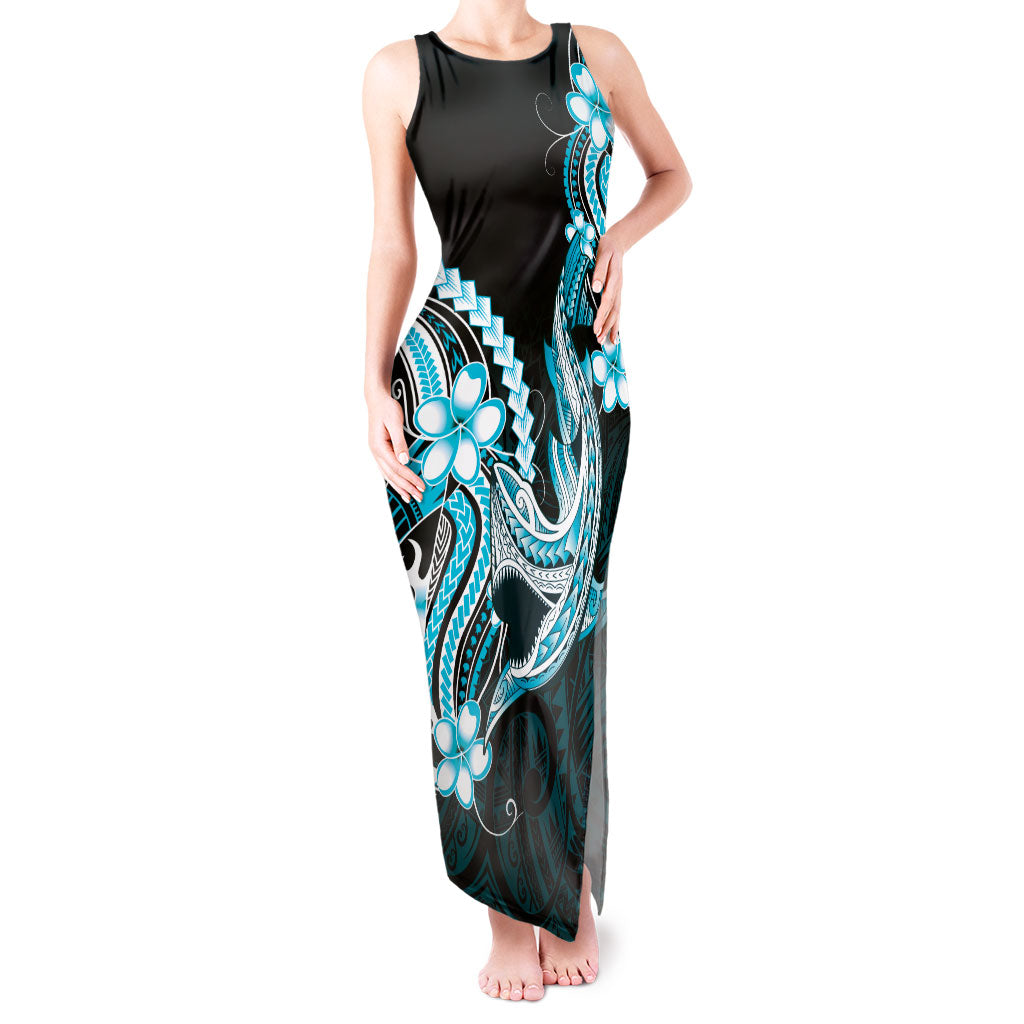 Blue Black Aloha Hawaii Tank Maxi Dress Polynesian Shark Tattoo Plumeria