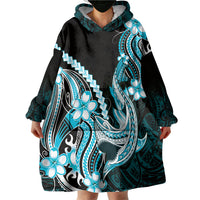Blue Black Aloha Hawaii Wearable Blanket Hoodie Polynesian Shark Tattoo Plumeria