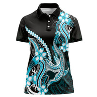 Blue Black Aloha Hawaii Women Polo Shirt Polynesian Shark Tattoo Plumeria