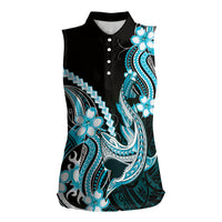 Blue Black Aloha Hawaii Women Sleeveless Polo Shirt Polynesian Shark Tattoo Plumeria
