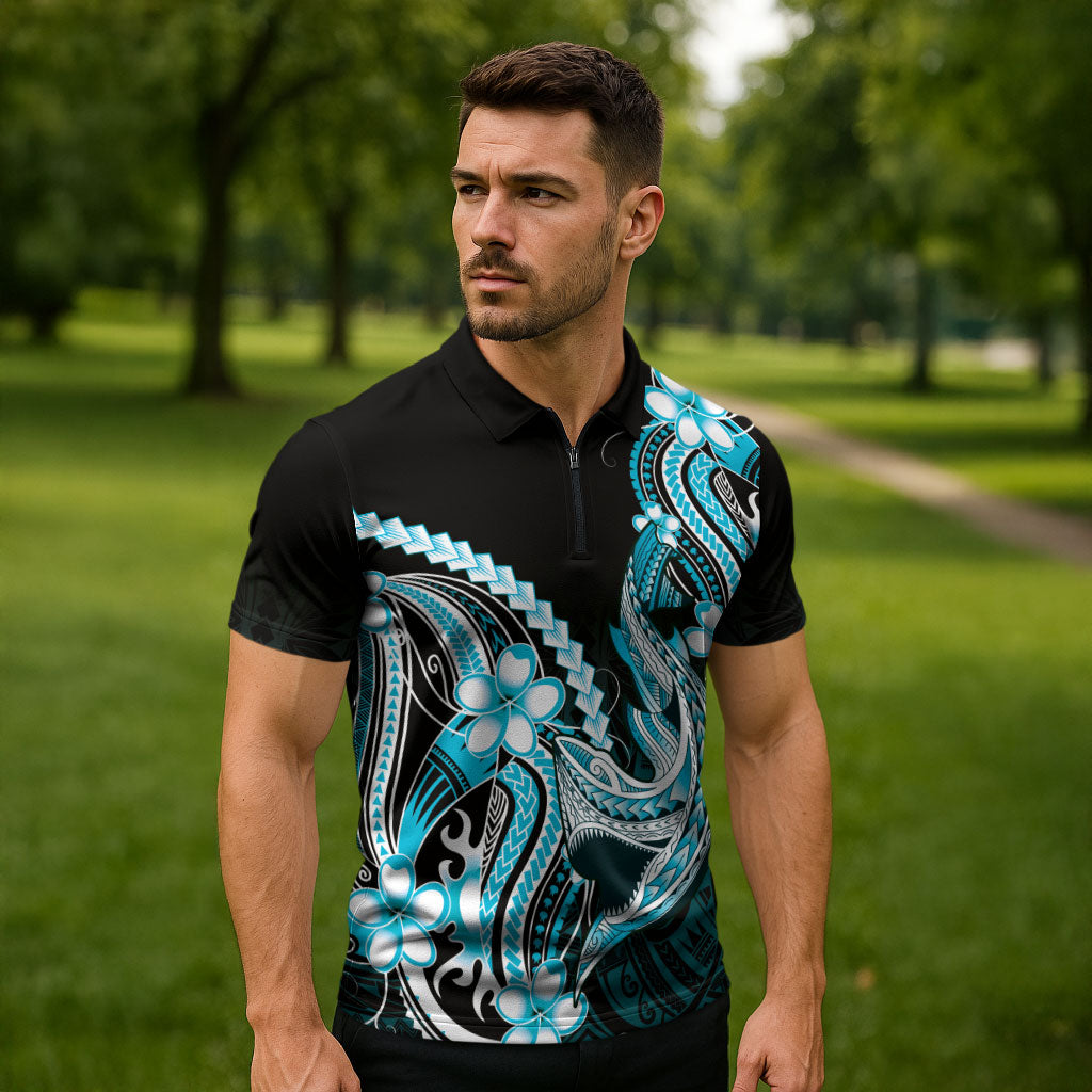 Blue Black Aloha Hawaii Zipper Polo Shirt Polynesian Shark Tattoo Plumeria