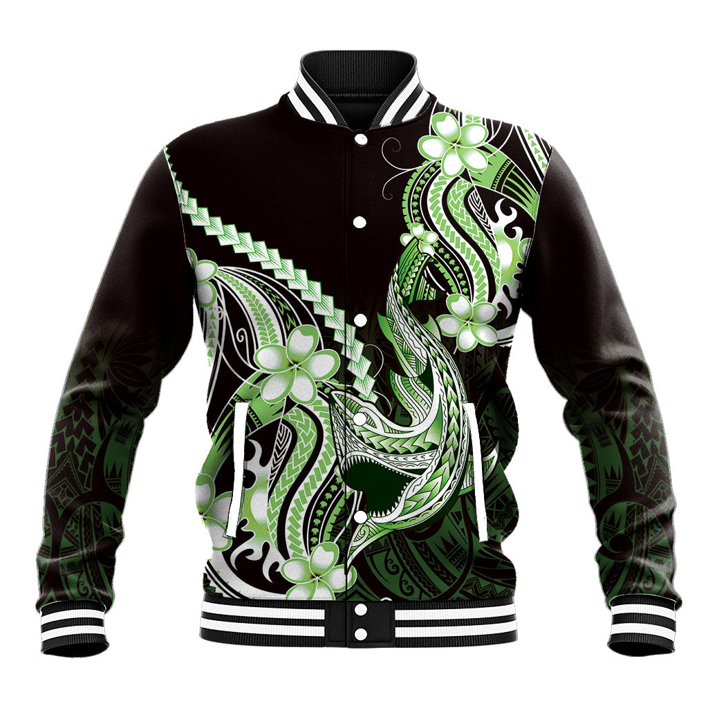 Green Black Aloha Hawaii Baseball Jacket Polynesian Shark Tattoo Plumeria