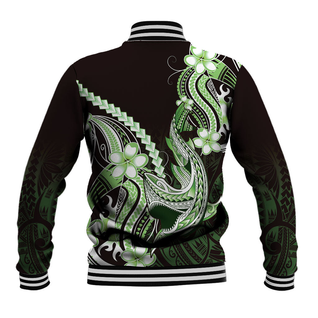 Green Black Aloha Hawaii Baseball Jacket Polynesian Shark Tattoo Plumeria