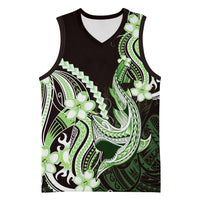 Green Black Aloha Hawaii Basketball Jersey Polynesian Shark Tattoo Plumeria