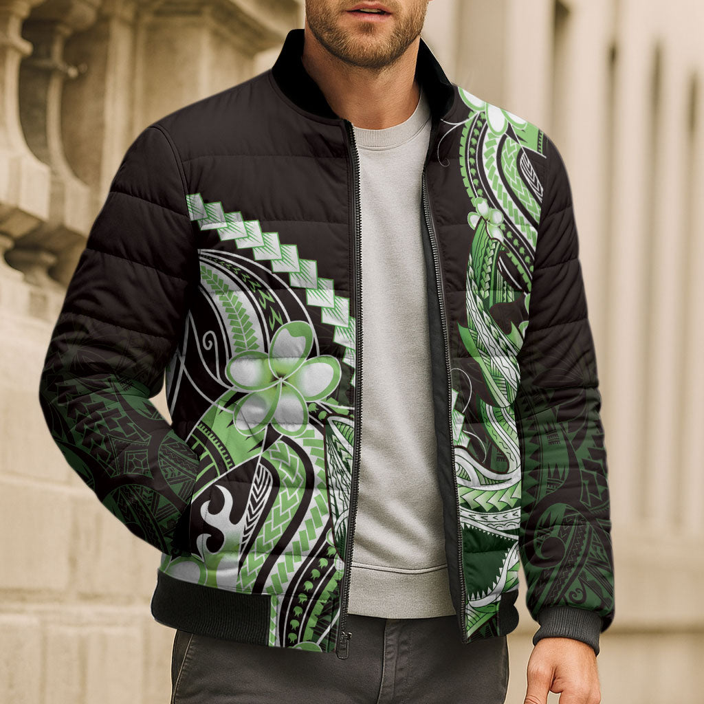 Green Black Aloha Hawaii Bomber Puffer Jacket Polynesian Shark Tattoo Plumeria