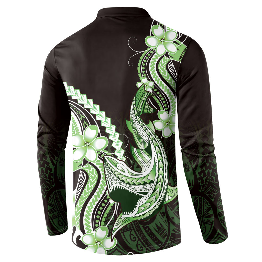 Green Black Aloha Hawaii Button Sweatshirt Polynesian Shark Tattoo Plumeria