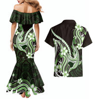 Green Black Aloha Hawaii Couples Matching Mermaid Dress and Hawaiian Shirt Polynesian Shark Tattoo Plumeria LT14 - Polynesian Pride