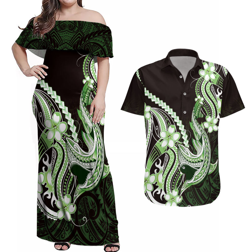 Green Black Aloha Hawaii Couples Matching Off Shoulder Maxi Dress and Hawaiian Shirt Polynesian Shark Tattoo Plumeria