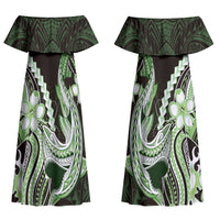 Green Black Aloha Hawaii Couples Matching Off Shoulder Maxi Dress and Hawaiian Shirt Polynesian Shark Tattoo Plumeria LT14 - Polynesian Pride