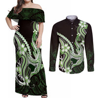 Green Black Aloha Hawaii Couples Matching Off Shoulder Maxi Dress and Long Sleeve Button Shirt Polynesian Shark Tattoo Plumeria