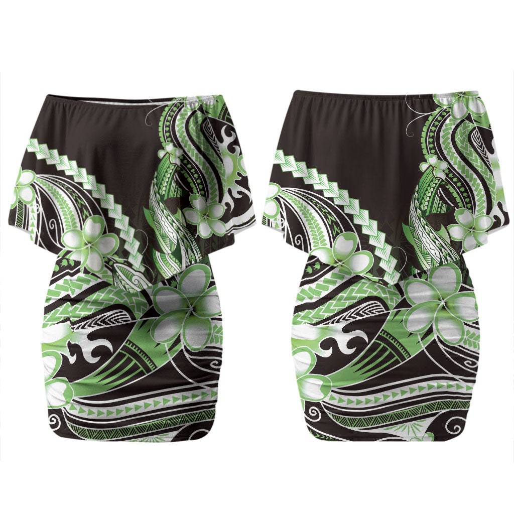Green Black Aloha Hawaii Couples Matching Off Shoulder Short Dress and Long Sleeve Button Shirt Polynesian Shark Tattoo Plumeria LT14 - Polynesian Pride