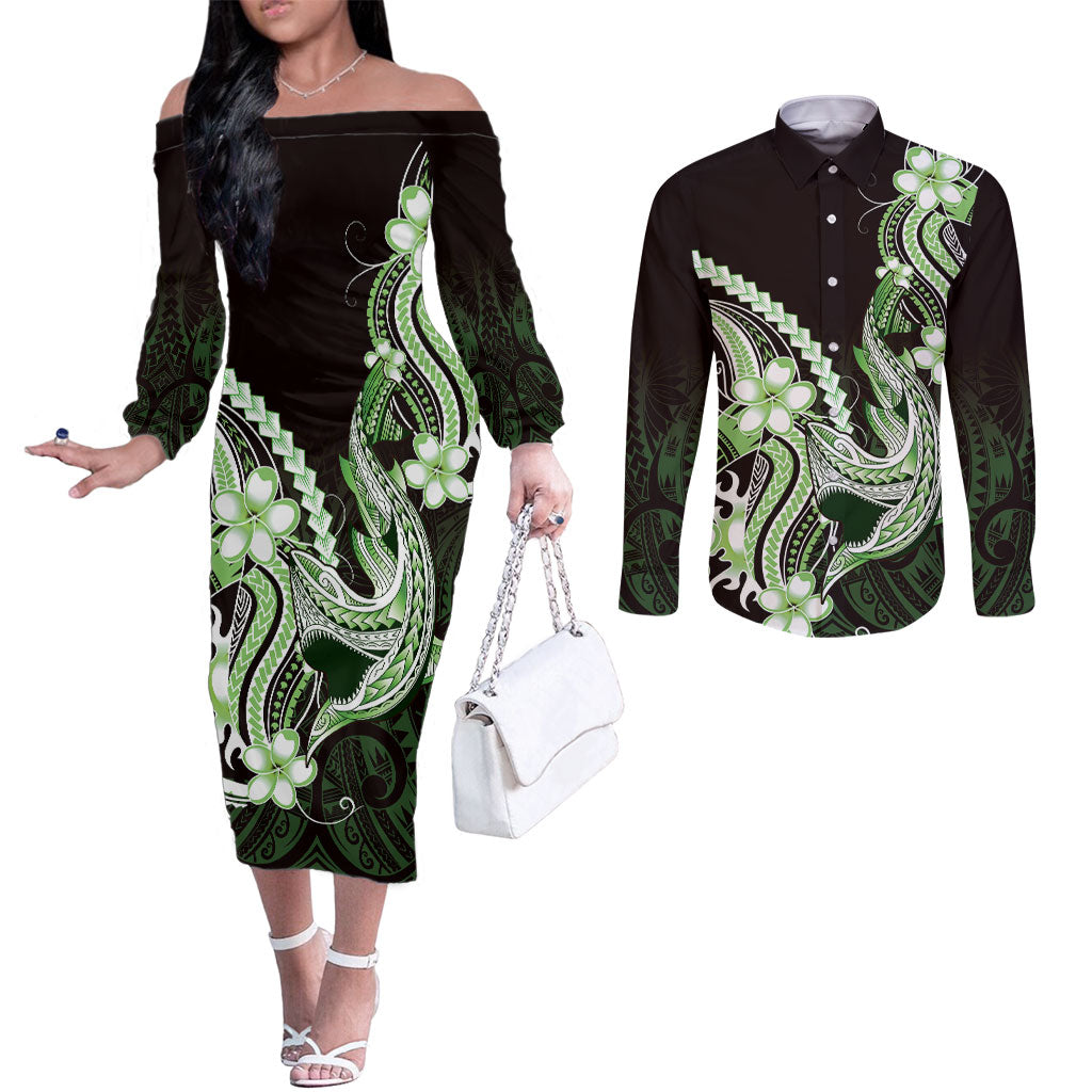 Green Black Aloha Hawaii Couples Matching Off The Shoulder Long Sleeve Dress and Long Sleeve Button Shirt Polynesian Shark Tattoo Plumeria