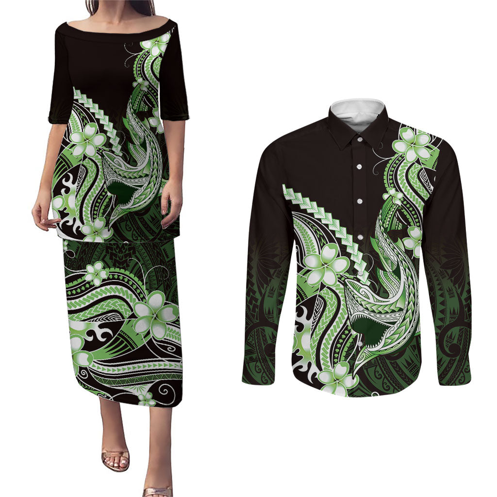Green Black Aloha Hawaii Couples Matching Puletasi and Long Sleeve Button Shirt Polynesian Shark Tattoo Plumeria