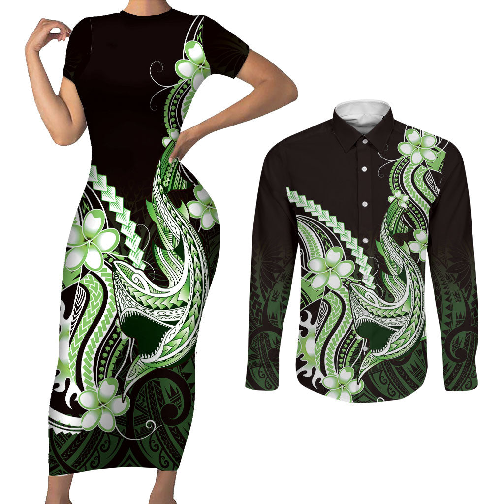 Green Black Aloha Hawaii Couples Matching Short Sleeve Bodycon Dress and Long Sleeve Button Shirt Polynesian Shark Tattoo Plumeria