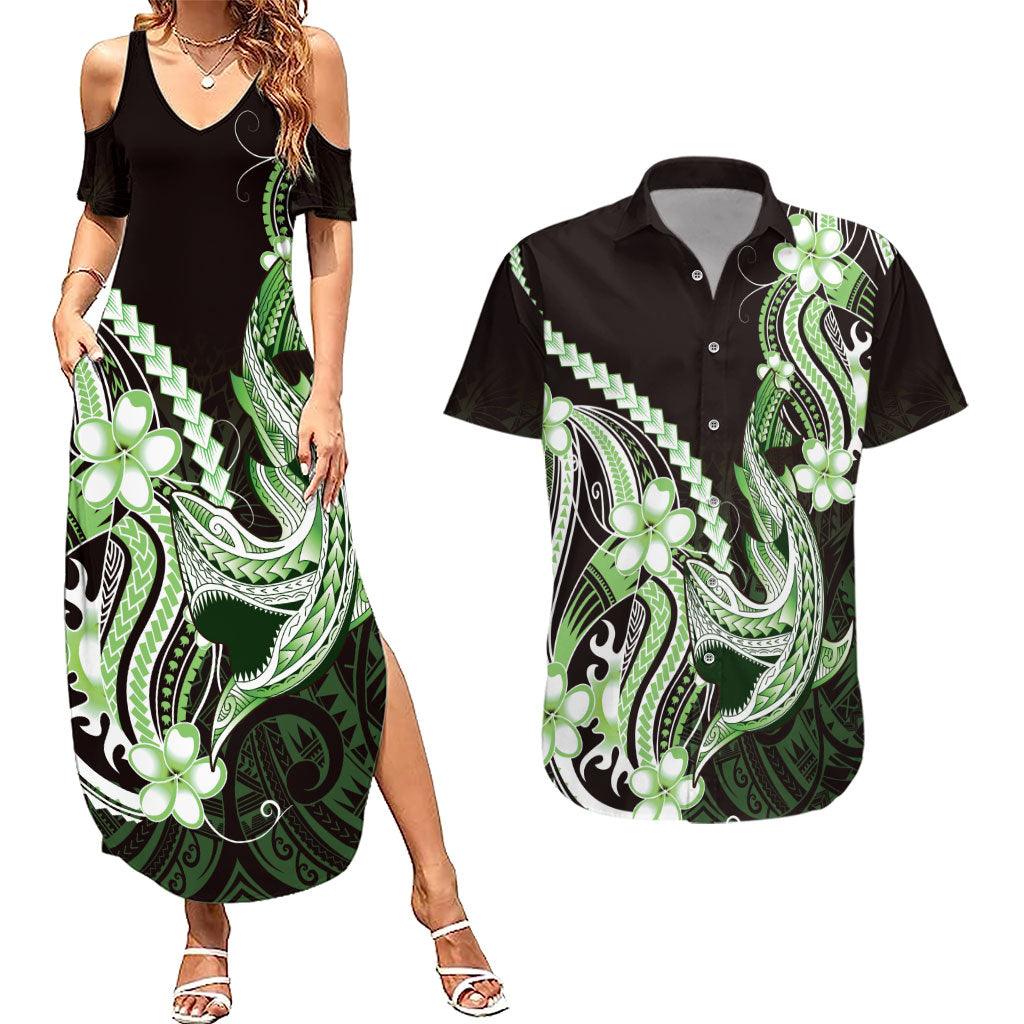 Green Black Aloha Hawaii Couples Matching Summer Maxi Dress and Hawaiian Shirt Polynesian Shark Tattoo Plumeria