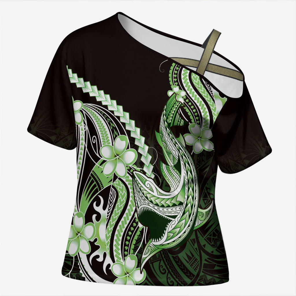 Green Black Aloha Hawaii Cross Shoulder Shirt Polynesian Shark Tattoo Plumeria