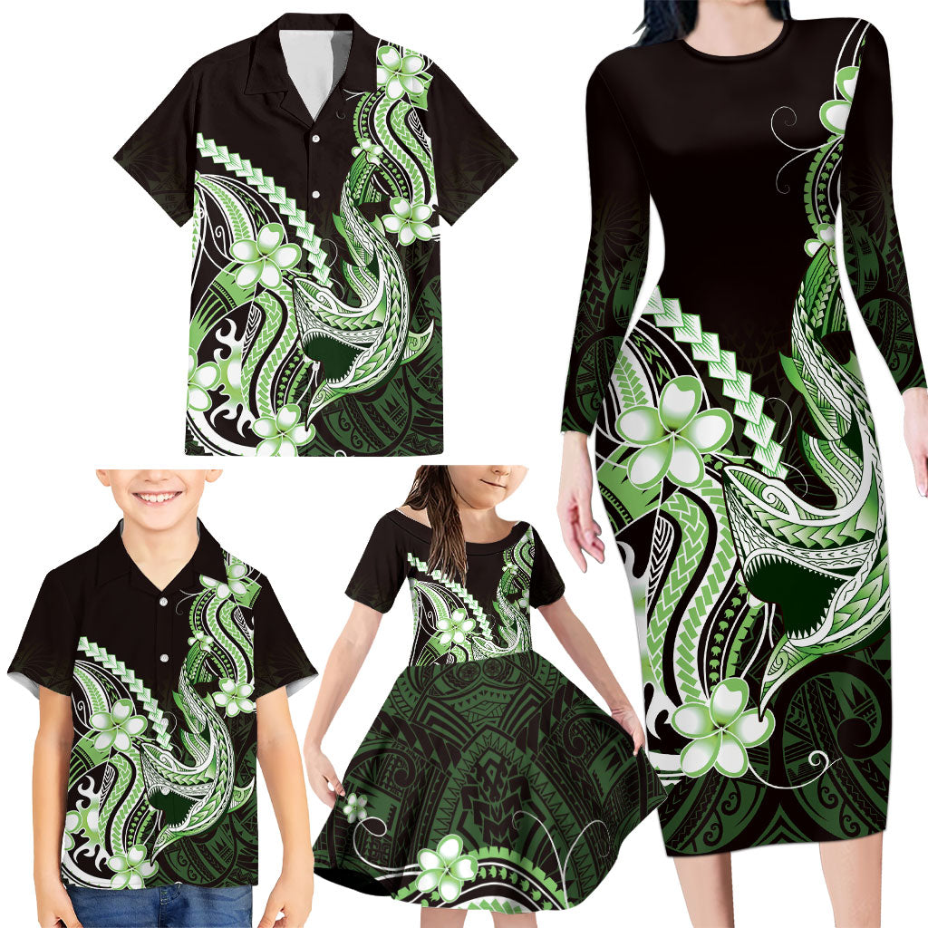 Green Black Aloha Hawaii Family Matching Long Sleeve Bodycon Dress and Hawaiian Shirt Polynesian Shark Tattoo Plumeria
