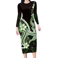 Green Black Aloha Hawaii Family Matching Long Sleeve Bodycon Dress and Hawaiian Shirt Polynesian Shark Tattoo Plumeria LT14 Mom's Dress Green - Polynesian Pride
