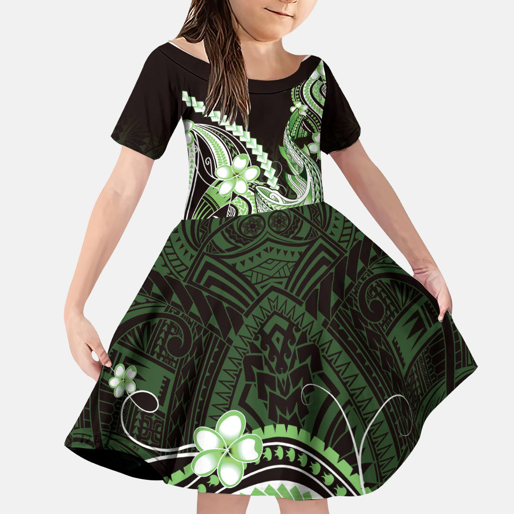 Green Black Aloha Hawaii Family Matching Mermaid Dress and Hawaiian Shirt Polynesian Shark Tattoo Plumeria LT14 Daughter's Dress Green - Polynesian Pride