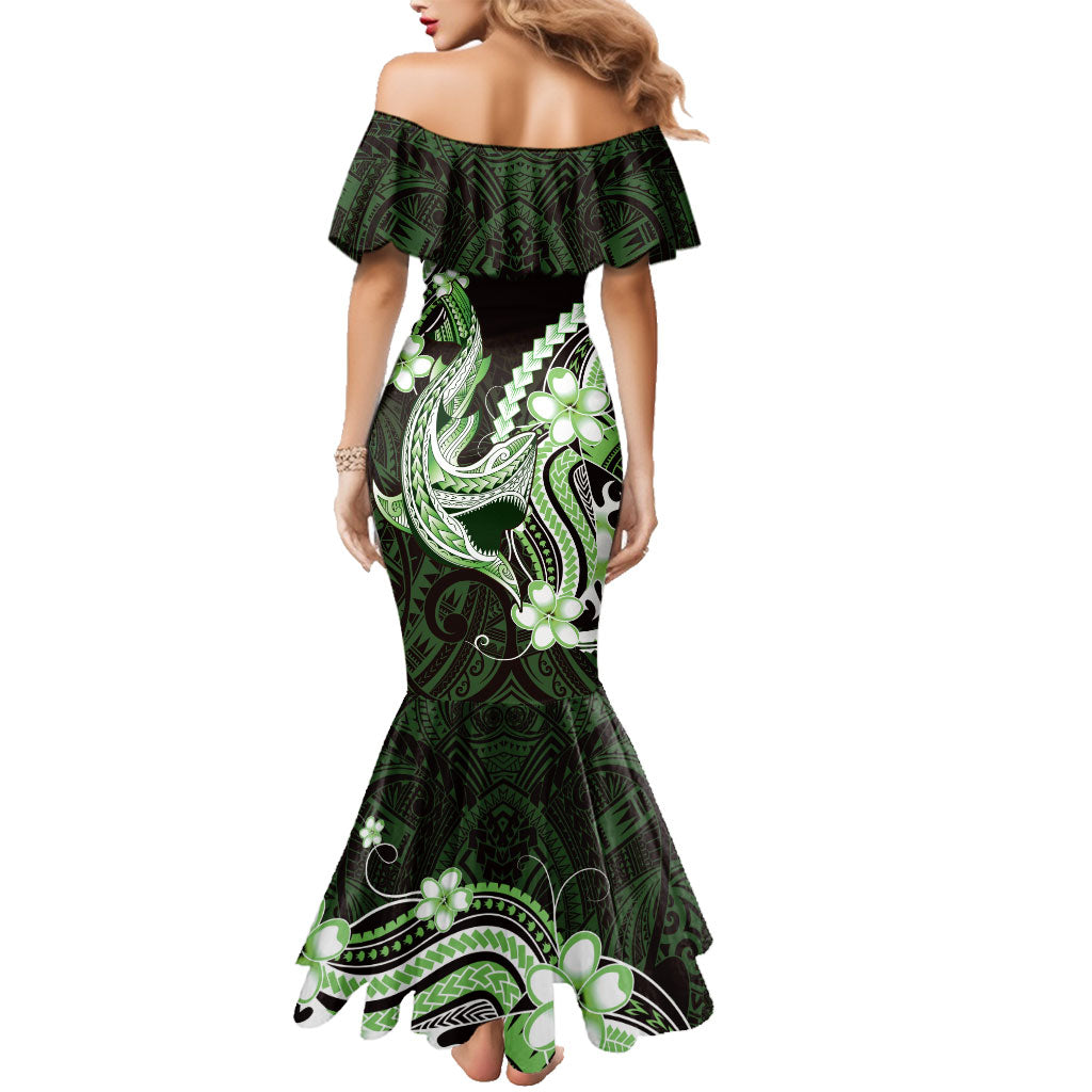 Green Black Aloha Hawaii Family Matching Mermaid Dress and Hawaiian Shirt Polynesian Shark Tattoo Plumeria LT14 - Polynesian Pride