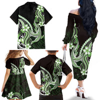 Green Black Aloha Hawaii Family Matching Off The Shoulder Long Sleeve Dress and Hawaiian Shirt Polynesian Shark Tattoo Plumeria LT14 - Polynesian Pride