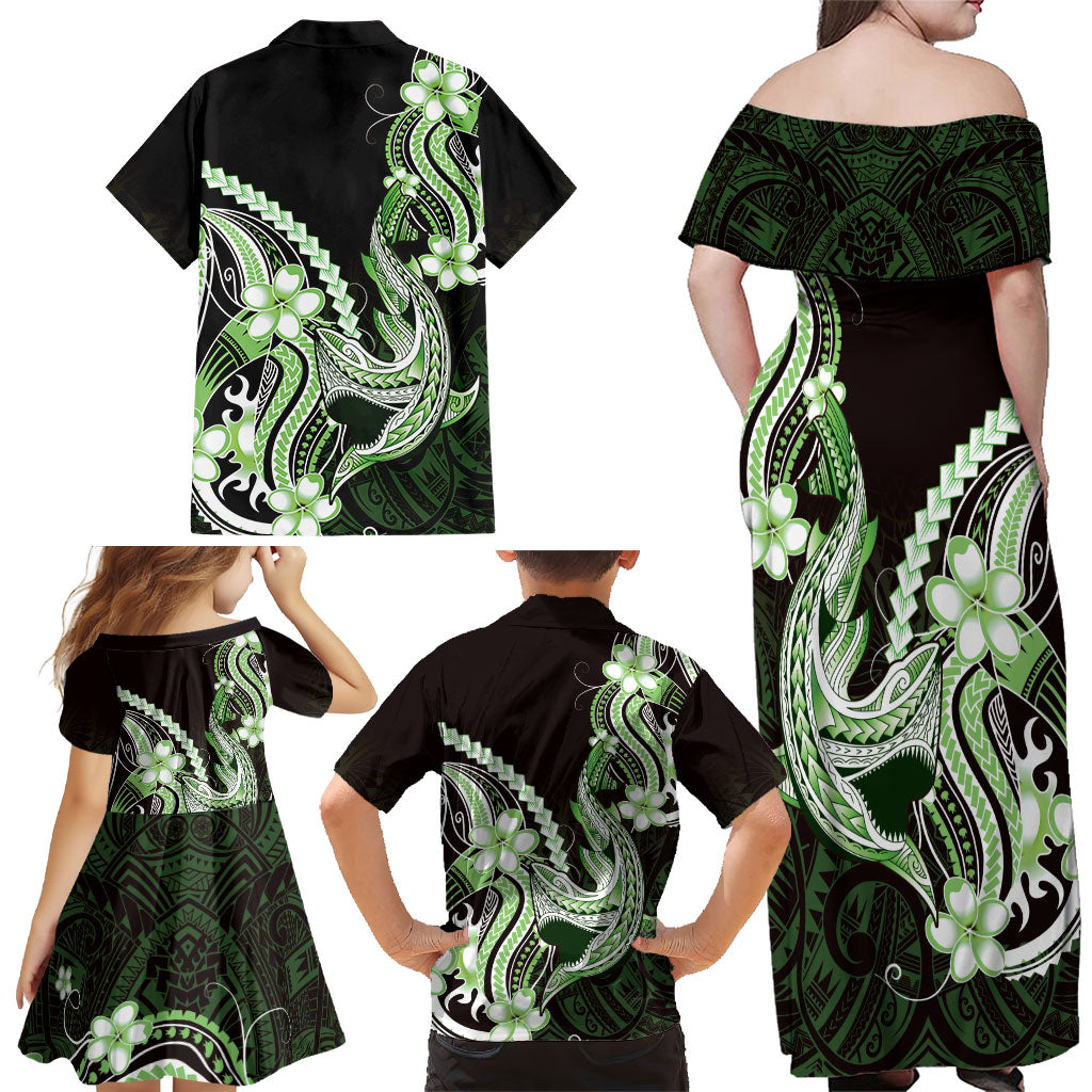 Green Black Aloha Hawaii Family Matching Off Shoulder Maxi Dress and Hawaiian Shirt Polynesian Shark Tattoo Plumeria LT14 - Polynesian Pride