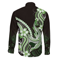 Green Black Aloha Hawaii Family Matching Off Shoulder Maxi Dress and Hawaiian Shirt Polynesian Shark Tattoo Plumeria LT14 - Polynesian Pride