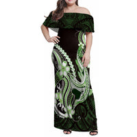 Green Black Aloha Hawaii Family Matching Off Shoulder Maxi Dress and Hawaiian Shirt Polynesian Shark Tattoo Plumeria LT14 Mom's Dress Green - Polynesian Pride