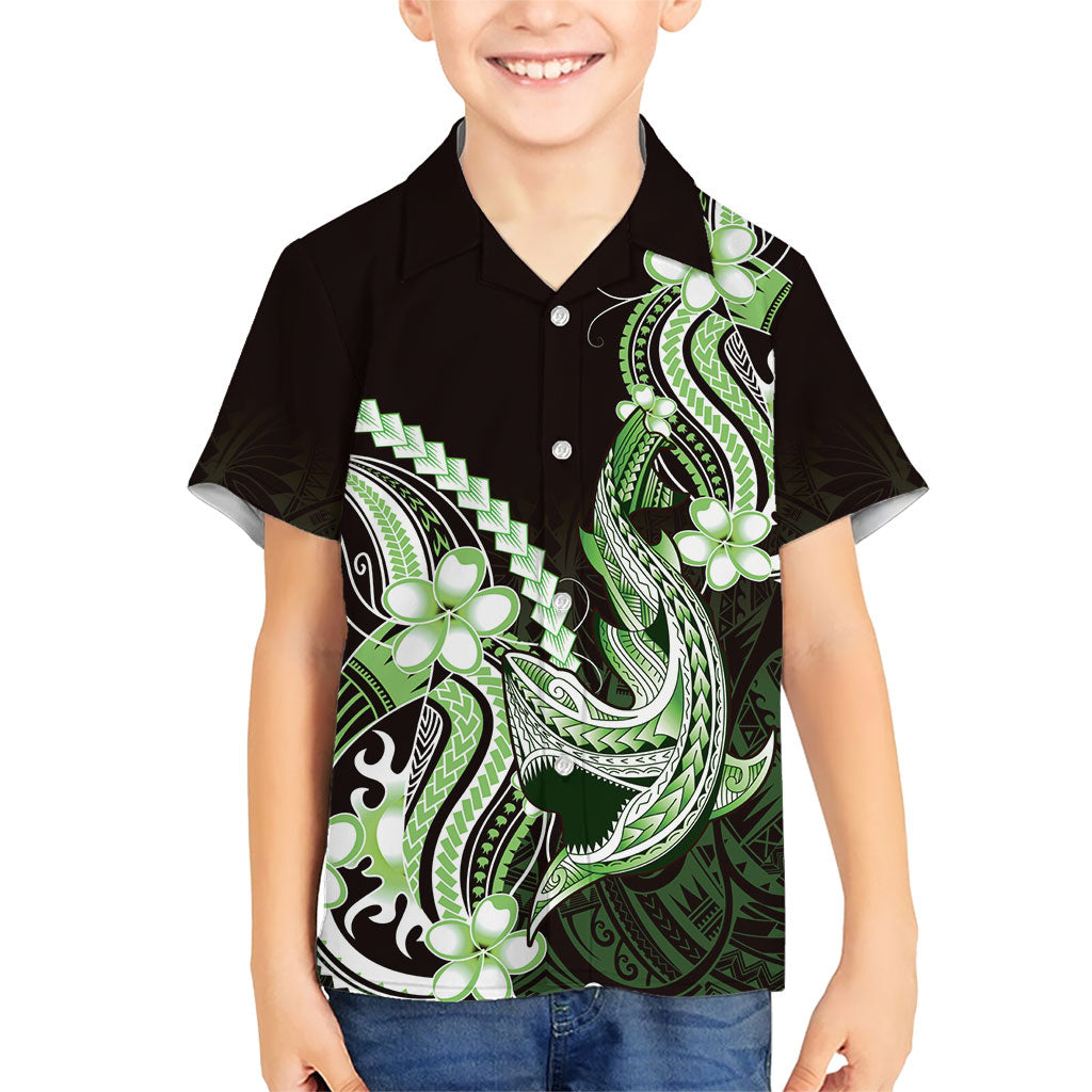 Green Black Aloha Hawaii Family Matching Off Shoulder Maxi Dress and Hawaiian Shirt Polynesian Shark Tattoo Plumeria LT14 Son's Shirt Green - Polynesian Pride