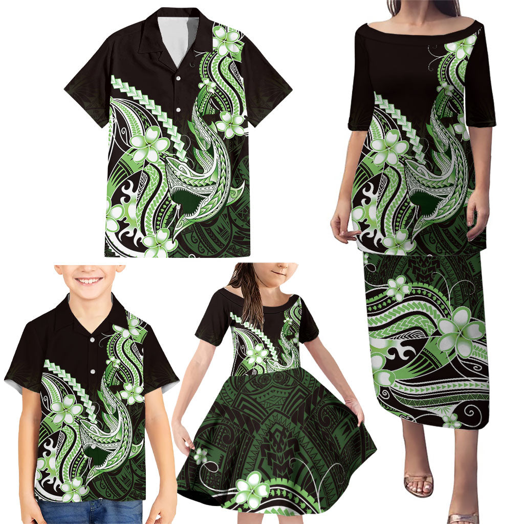 Green Black Aloha Hawaii Family Matching Puletasi and Hawaiian Shirt Polynesian Shark Tattoo Plumeria LT14 - Polynesian Pride
