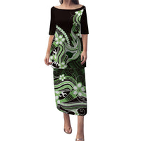 Green Black Aloha Hawaii Family Matching Puletasi and Hawaiian Shirt Polynesian Shark Tattoo Plumeria LT14 Mom's Dress Green - Polynesian Pride