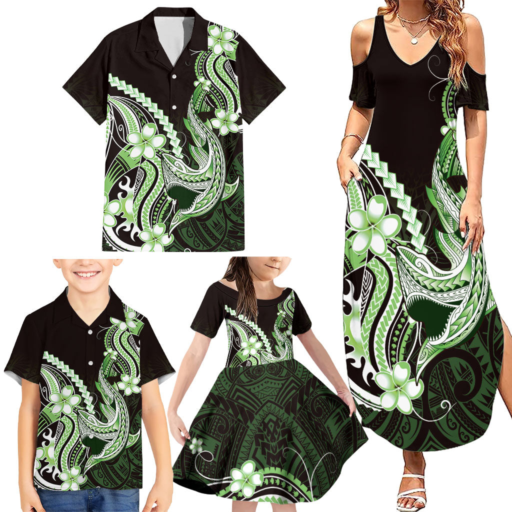 Green Black Aloha Hawaii Family Matching Summer Maxi Dress and Hawaiian Shirt Polynesian Shark Tattoo Plumeria LT14 - Polynesian Pride