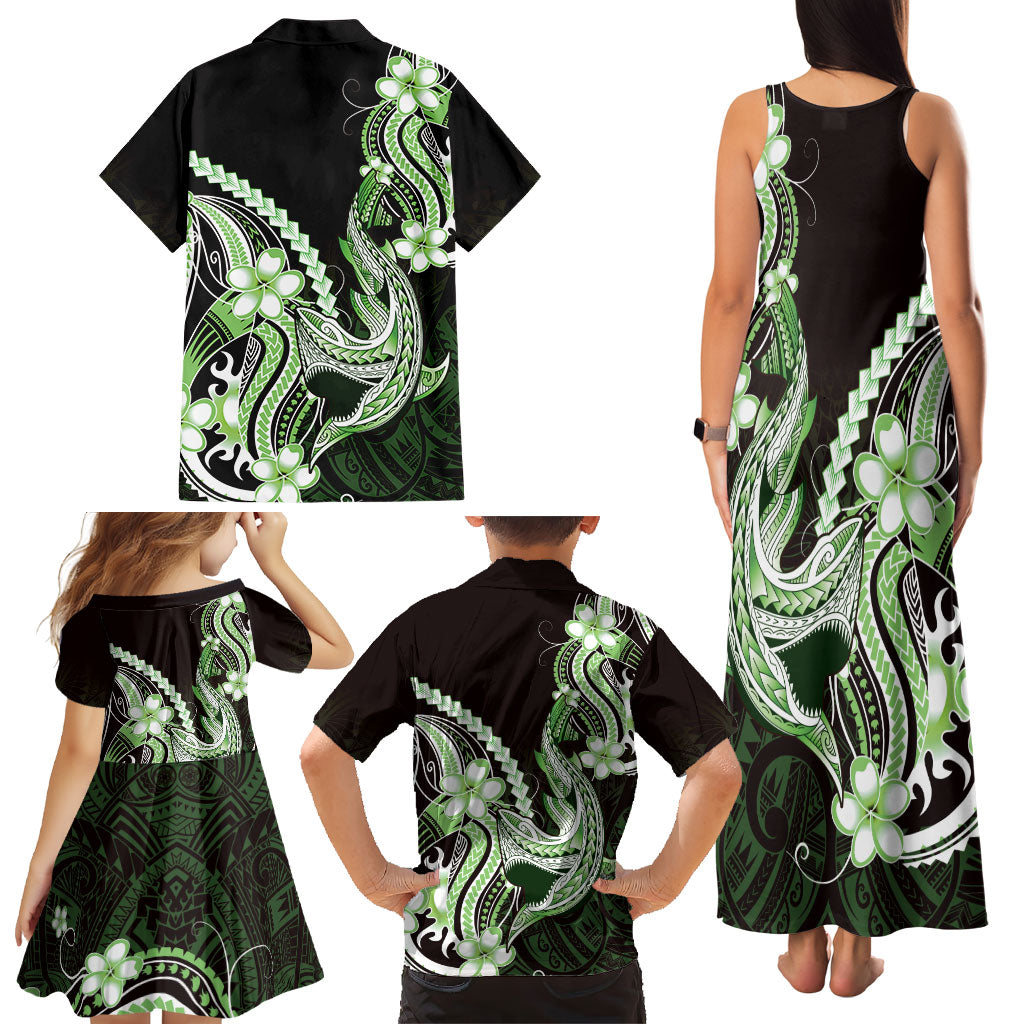 Green Black Aloha Hawaii Family Matching Tank Maxi Dress and Hawaiian Shirt Polynesian Shark Tattoo Plumeria LT14 - Polynesian Pride