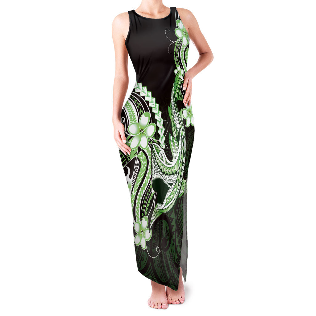 Green Black Aloha Hawaii Family Matching Tank Maxi Dress and Hawaiian Shirt Polynesian Shark Tattoo Plumeria LT14 Mom's Dress Green - Polynesian Pride