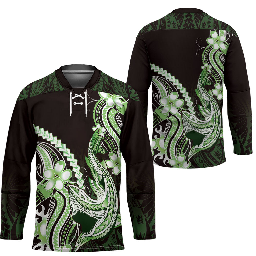 Green Black Aloha Hawaii Hockey Jersey Polynesian Shark Tattoo Plumeria